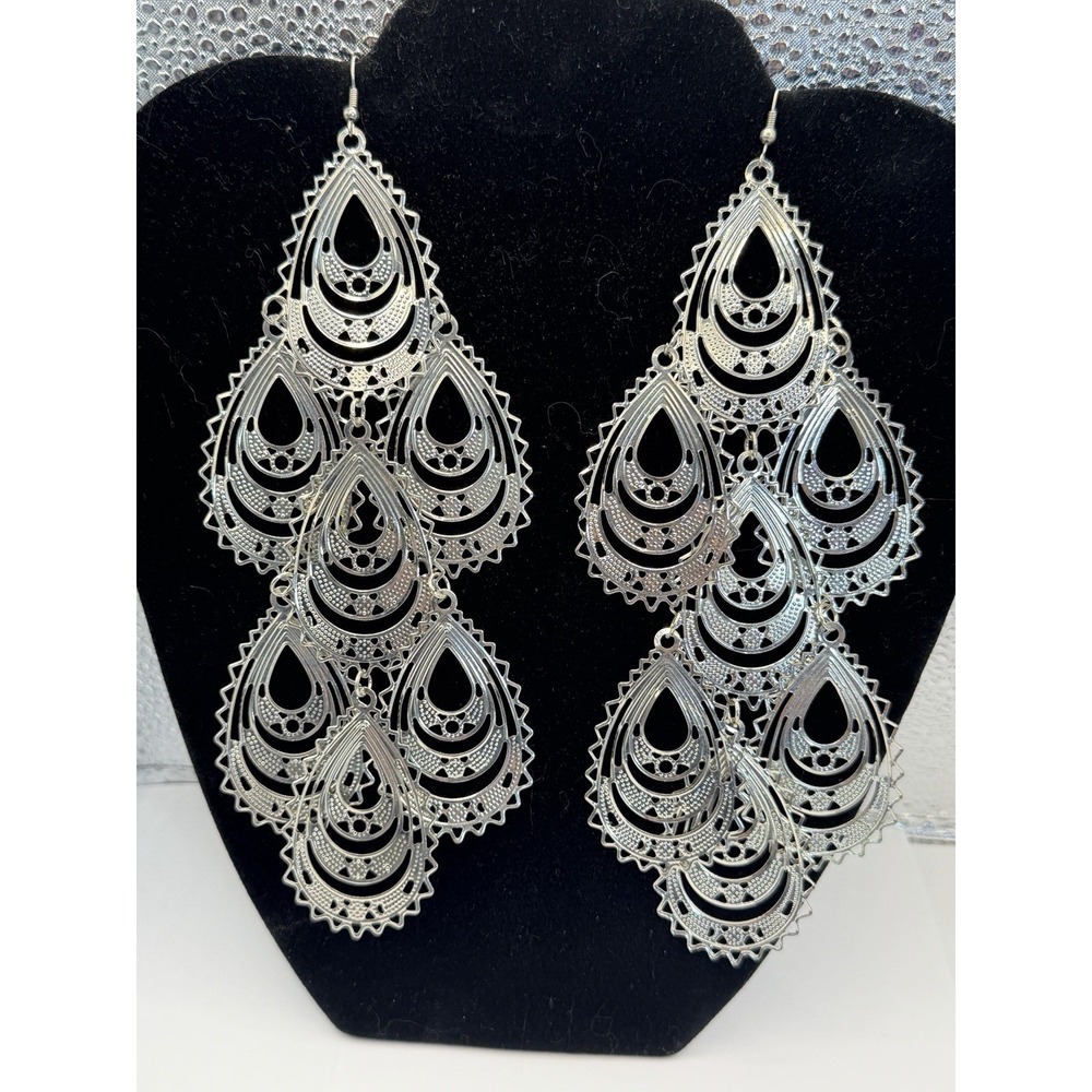 Chandelier Earrings Silver Tone Boho Dangle Large 7" cascading filigree teardrop